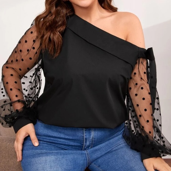 Plus Black Polka Dot One Shoulder Sheer Sleeve Blouse - Picture 2 of 4